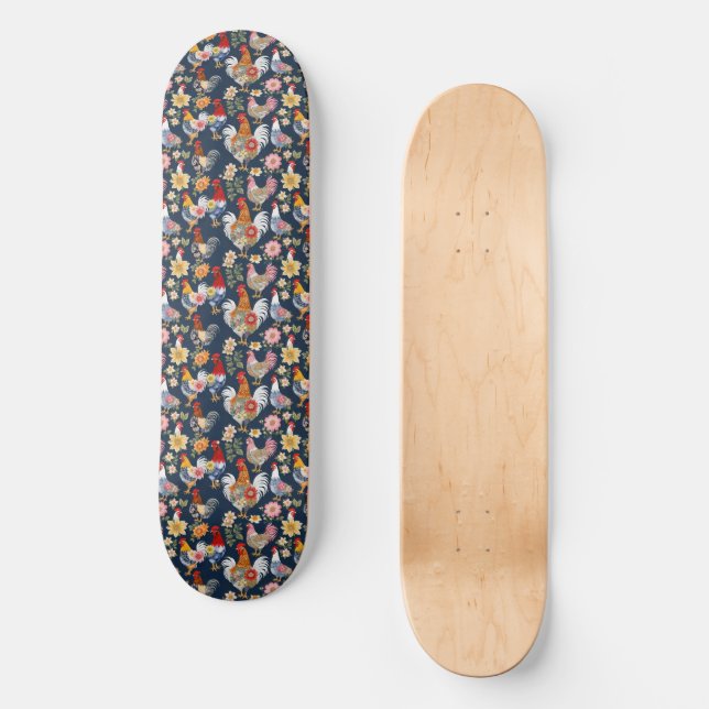 Denim Wearing Blommigt Patchwork Chickens on Navy Mini Skateboard Bräda 18,5 Cm (Framsida)