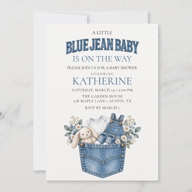 Denimblå Baby Shower Inbjudan (Framsida)