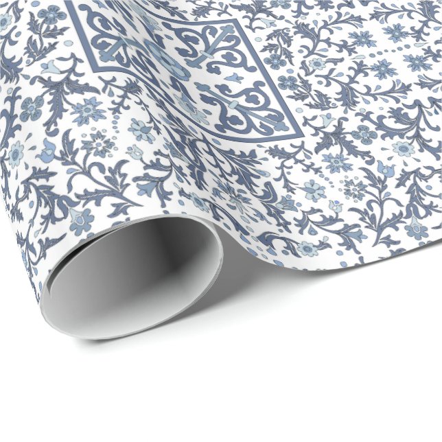 Denimblå Blommig Presentpapper (Rullad Hörn)