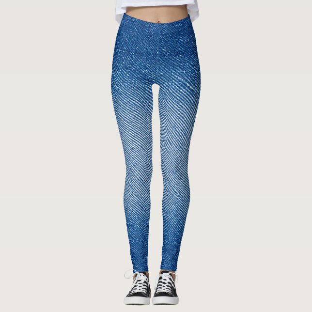 Denimblå jeansmönster Heltäckande tryckta Leggings (Framsida)