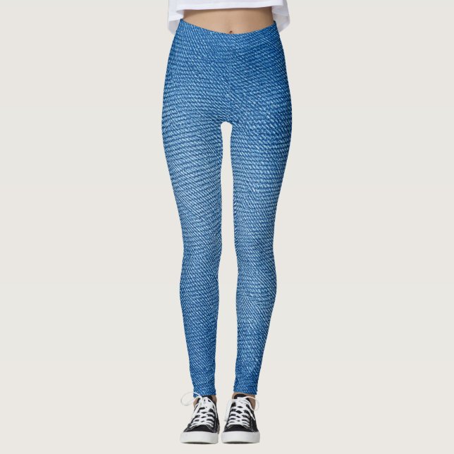 Denimblå jeansmönster Heltäckande tryckta Leggings (Framsida)