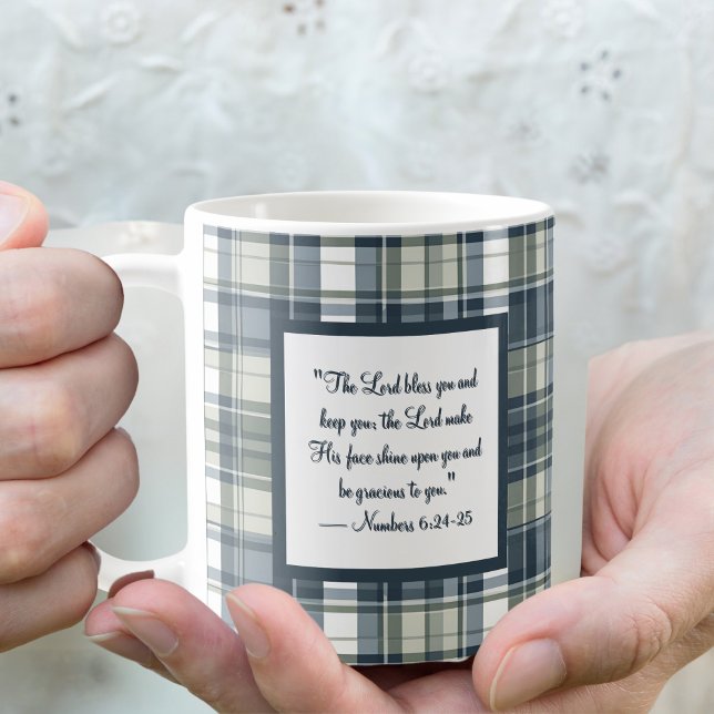 Denimblå Salvia Grön Vit Kryssrutad Välgångsmugg Kaffemugg (Skapare uppladdad)