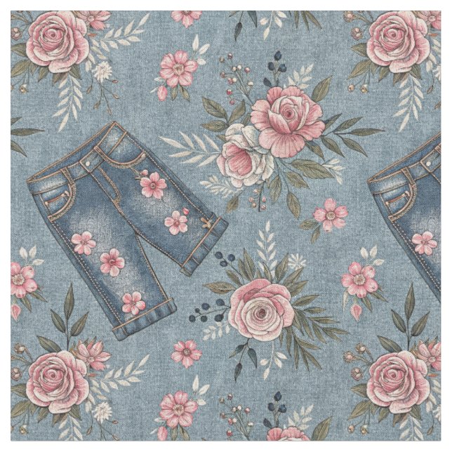 Denimbyxor & Rosa Blommor - Blommig Designmönster Tyg (Närbild)