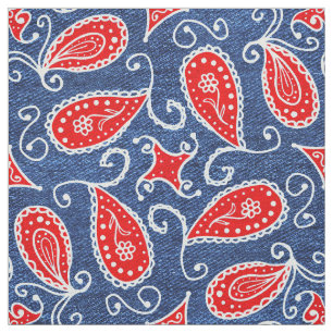 DenimPaisley gullig blom- röd vit och jeans Tyg
