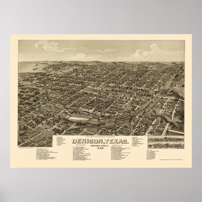 Denison, TX Panoramic Karta - 1886 Poster (Framsidan)