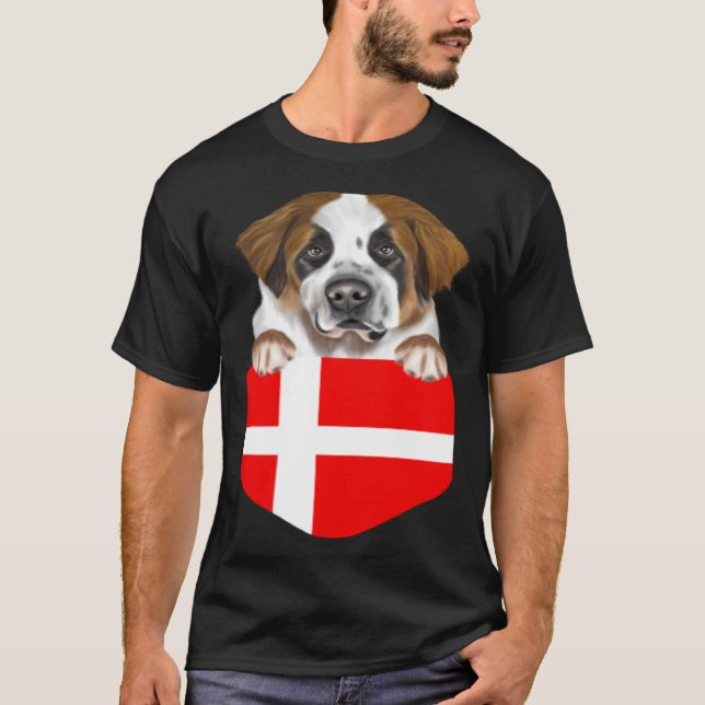 Denmark Flag St Bernard Dog In Pocket T Shirt (Framsida)