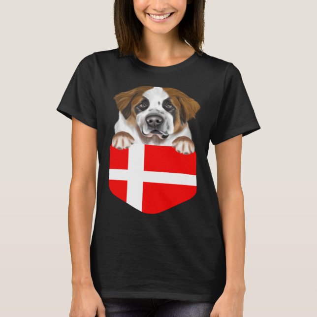 Denmark Flag St Bernard Dog In Pocket T Shirt (Framsida)