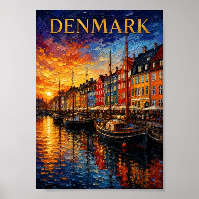 Denmark: Sunset Glow Nyhavn Harbor Art Souvenir Poster (Framsidan)