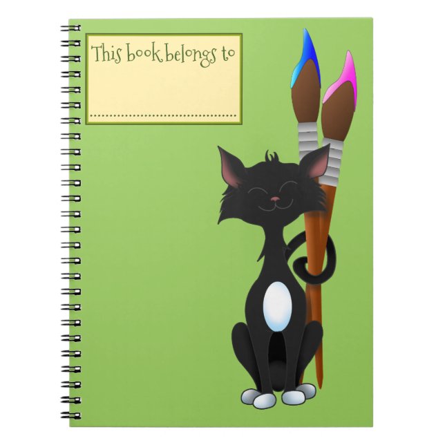 Denna bok tillhör, Katt och Målarpenslar, Grön Anteckningsbok (Framsidan)