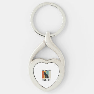 Denna Pojke Älskar Katter Retro Kattälskare Design Twisted Heart Silverfärgad Nyckelring
