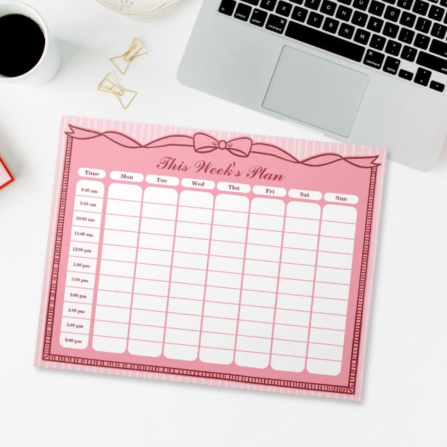 Denna veckas plan timschema i rosa anteckningsblock (Pink Bow This Week's Plan Hourly Schedule Notepad)