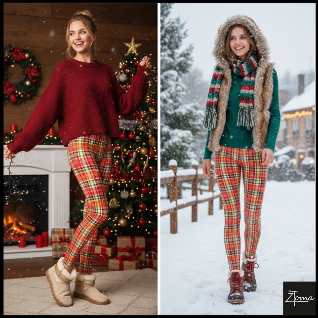 Dense Orange Red Festive Tartan Plaid Leggings (Skapare uppladdad)