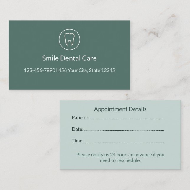 Dental Appointment Reminder Cards for Clinics Tidsbeställning Kort (Fram/baksida)