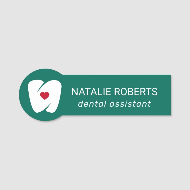 Dental Assistant Modern Tooth & Heart Teal Dentist Namnbricka (Framsida)