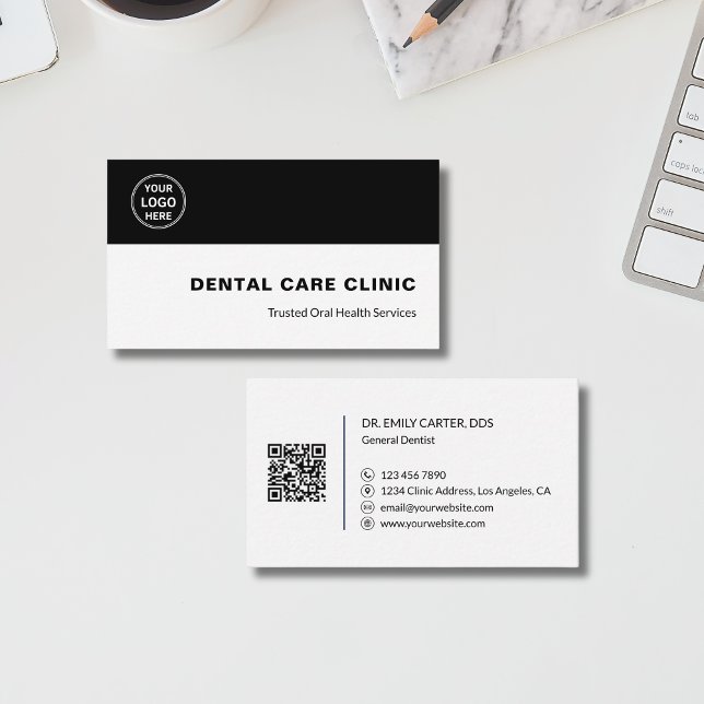 Dental Clinic Dentist Custom Logo QR Code Black Visitkort (Dental Clinic Dentist Custom Logo QR Code Black Business Card)