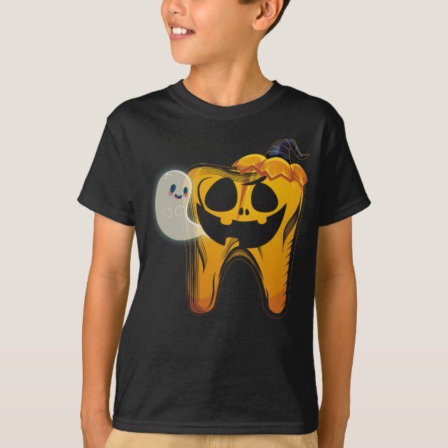 Dental Halloween Pumpkin Tooth Ghost T Shirt (Framsida)