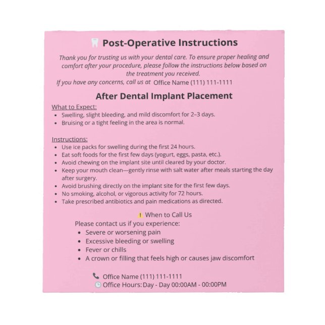  Dental Post Op Instructions Notepad (Implant) Anteckningsblock (Framsida)