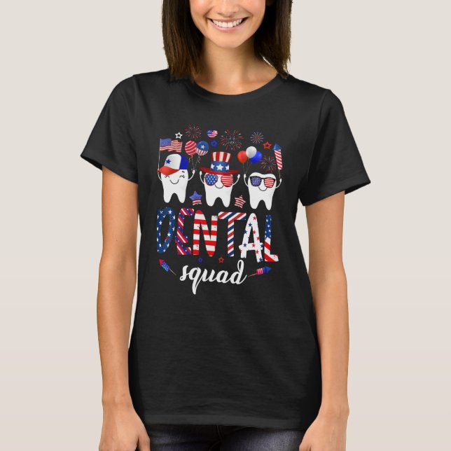 Dental Squad Cute Teeth USA Flag Fireworks 4th Of  T Shirt (Framsida)