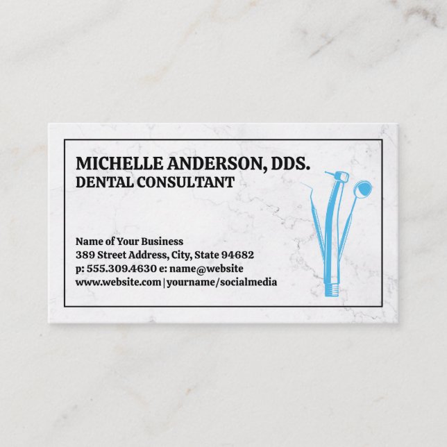 Dental Verktyg Logotyp | Marble Background Visitkort (Framsida)