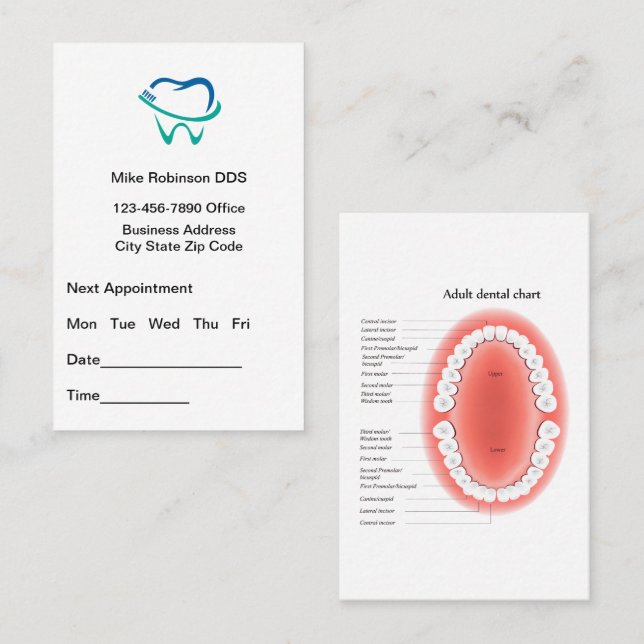 Dentist Appointment And Tooth Chart Busines Visitkort (Fram/baksida)