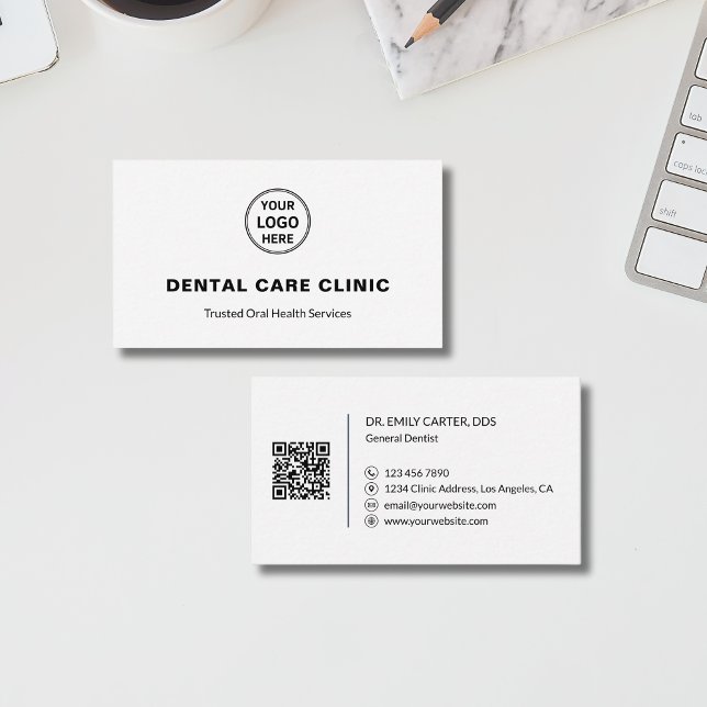 Dentist Dental Clinic Professional Logo QR White Visitkort (Dentist Dental Clinic Professional Logo QR White Business Card)