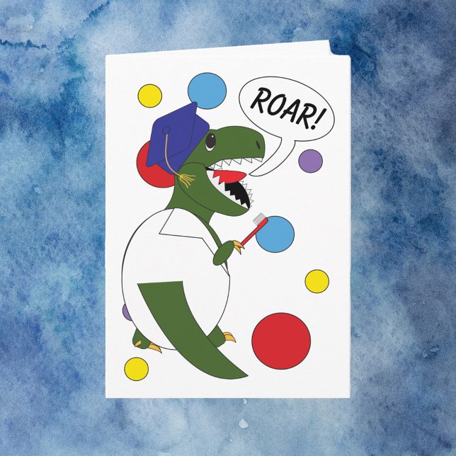 Dentist Dental School Studenten Dinosaur Funny Kort (A funny graduation card with a dinosaur for a dental school graduate.)