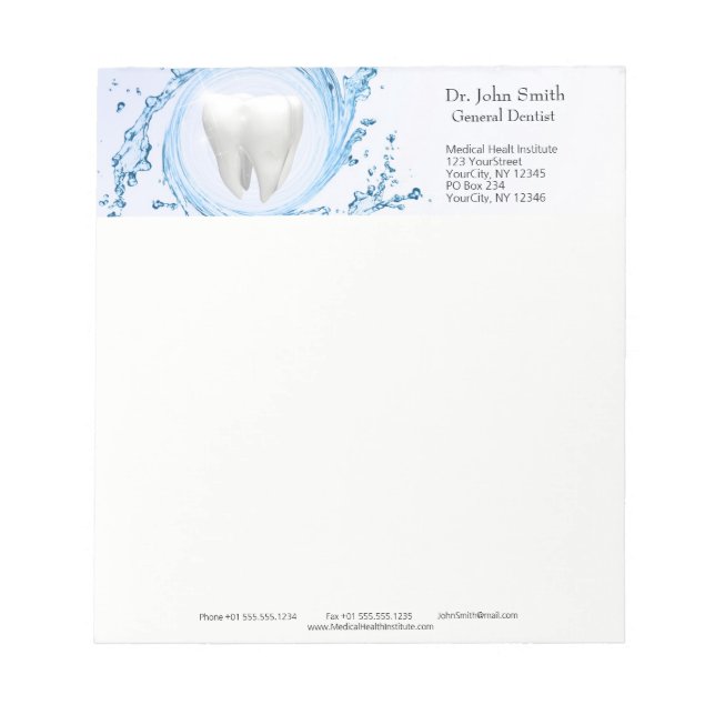 Dentist Dental Tooth Vatten Professionell Anteckningsblock (Framsida)
