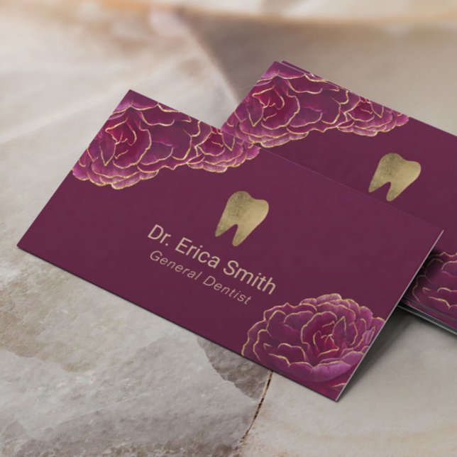 Dentist Guld Tipping Burgundy Blommigt Dental Care Visitkort (Skapare uppladdad)