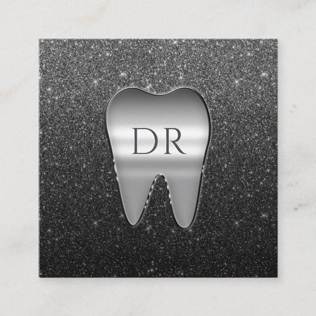 Dentist Metall Tooth Logotyp Black Glitter Dental Fyrkantigt Visitkort (Framsida)