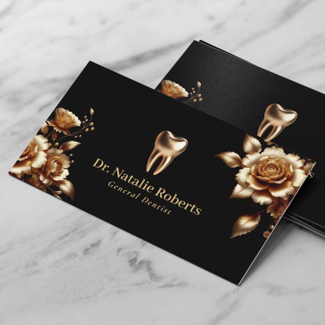 Dentist Modern Guld Blommigt Black Dental Care Visitkort (Skapare uppladdad)
