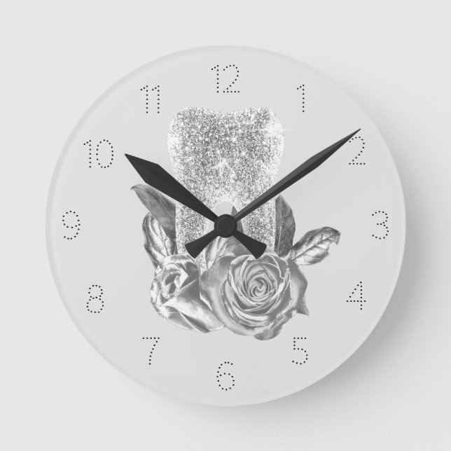 Dentist Modern Toth & Flowers Silver Dental Rund Klocka (Framsida)