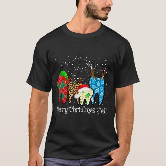Dentist Teeth Santa Hat Leopard Plaid Dental Merry T Shirt (Framsida)