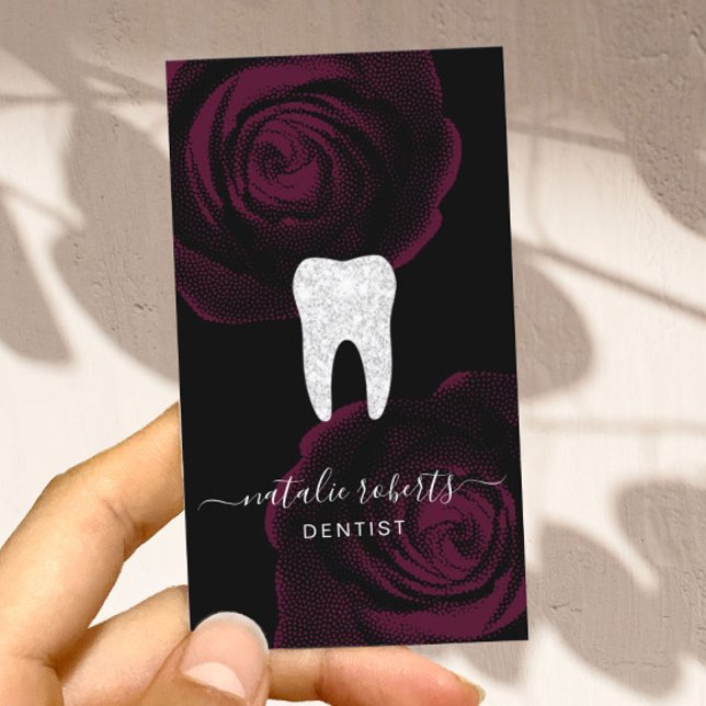 Dentist Tooth Burgundy Red Blommigt Dental Office Visitkort (Skapare uppladdad)