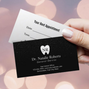 Dentist Tooth Logotyp Modern Black Glitter Dental Tidsbeställning Kort