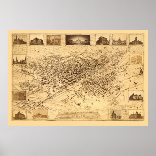 Denver, CO Panoramic Karta - 1881 Poster (Framsidan)