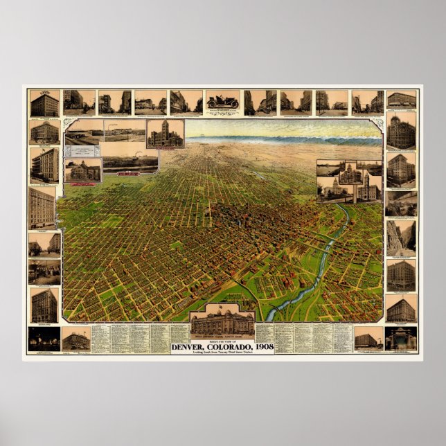 Denver, CO Panoramic Karta - 1908 Poster (Framsidan)