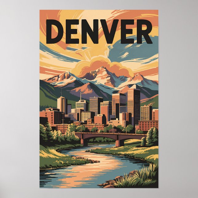 Denver Colorado Illustration Solnedgång Resa Konst Poster (Framsidan)