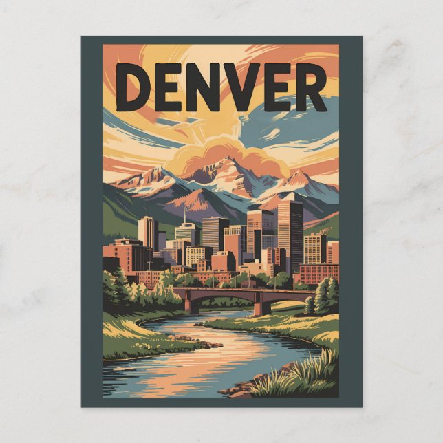Denver Colorado Illustration Solnedgång Resa Konst Vykort (Framsida)