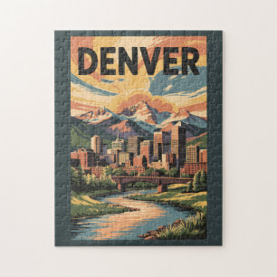 Denver Colorado Illustration Sunset Travel Art Pussel