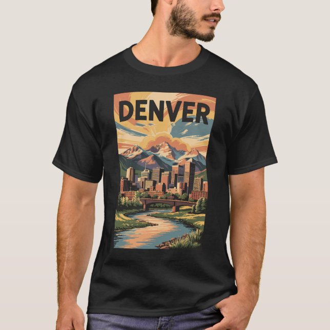 Denver Colorado Illustration Sunset Travel Art T Shirt (Framsida)
