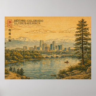 Denver Colorado Skyline in Japanese Ukiyo-e Poster