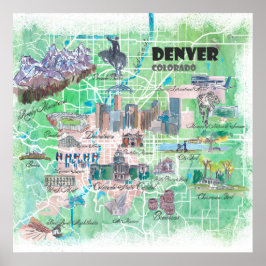 Denver Colorado USA Illustrated Karta med Main Roa Poster
