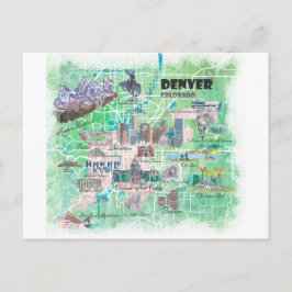 Denver Colorado USA Illustrated Karta med Main Roa Vykort