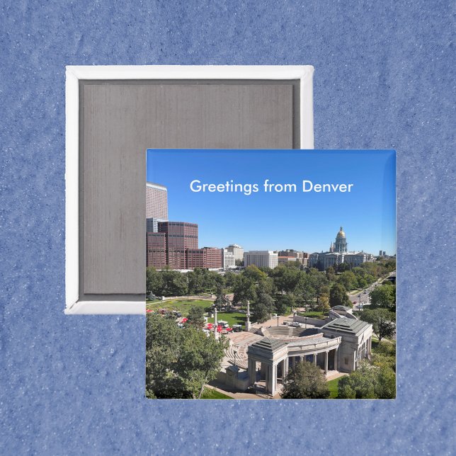 Denver Skyline View with State Capitol Personalize Magnet (A magnet that says Greetings from Denver and features a photograph of Denver, Colorado)