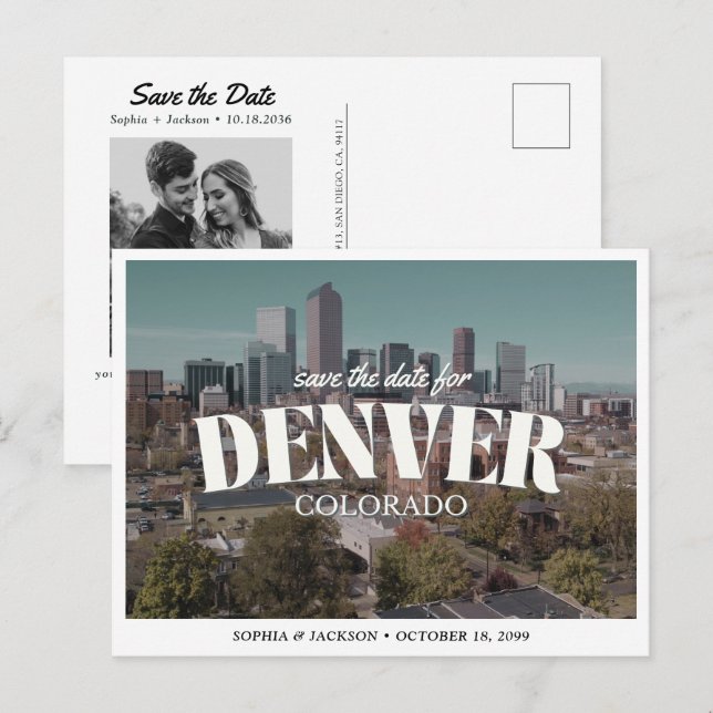 Denver Wedding Save the Date Retro Destination Vykort (Fram/baksida)