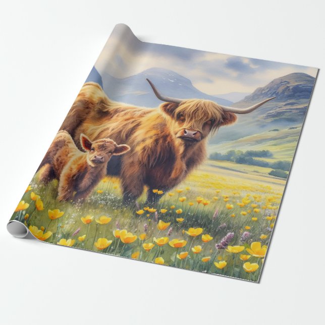 Deoupage i Highland Cow och Calf Butterkoppen Fält Presentpapper (Utrullad)