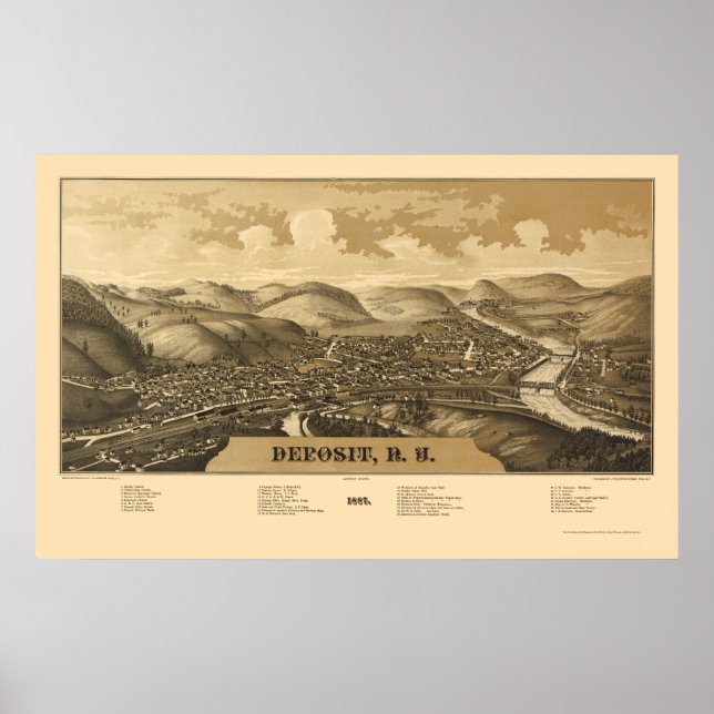 Deposit, NY Panoramic Karta - 1887 Poster (Framsidan)