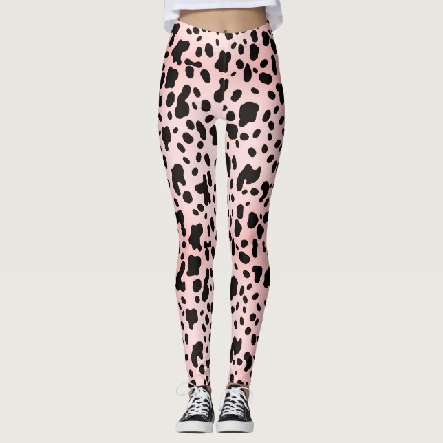 Depot för modern Girly Rosa Black Cow Animal Print Leggings (Framsida)