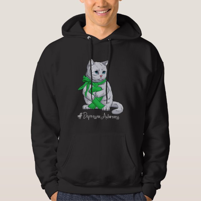 Depression Awareness Month Green Ribbon Cat Hoodie (Framsida)
