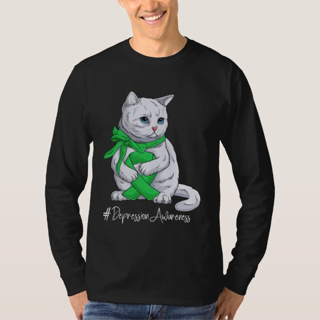Depression Awareness Month Green Ribbon Cat T Shirt (Framsida)